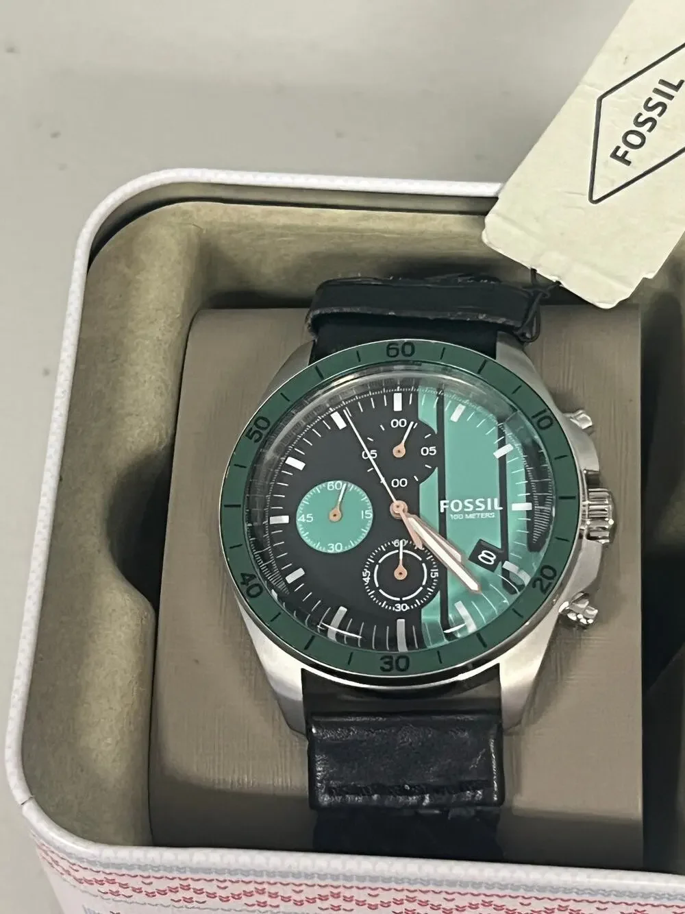Fossil Men's Chronograph Watch BQ1623 Mint & Black Dial Braided Leather NIB 100m